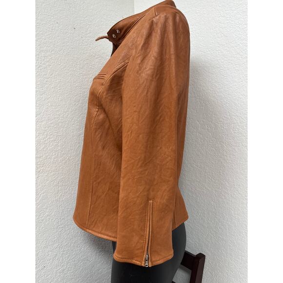 Susan Bender Leather Crop Zip Sleeve Moto Cross Jacket in Saddle 4 - Picture 4 of 5